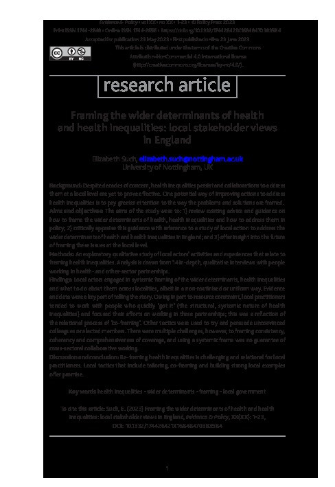 Framing the wider determinants of health and health inequalities: local stakeholder views in England Thumbnail