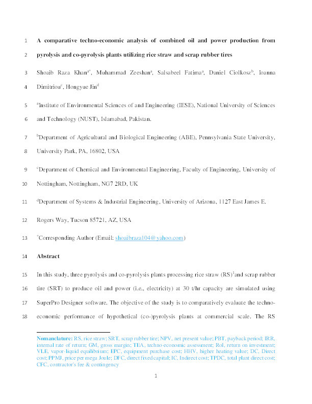 A comparative techno-economic analysis of combined oil and power production from pyrolysis and co-pyrolysis plants utilizing rice straw and scrap rubber tires Thumbnail