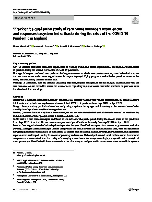 "Crack on": a qualitative study of care home managers experiences and responses to system-led setbacks during the crisis of the COVID- 19 Pandemic in England Thumbnail