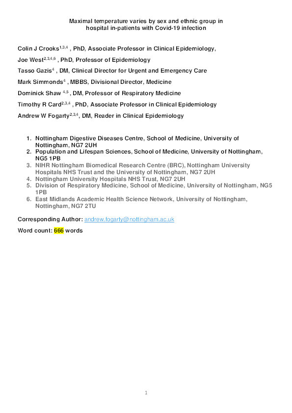 Maximal temperature varies by sex and ethnic group in hospital in-patients with Covid-19 infection Thumbnail