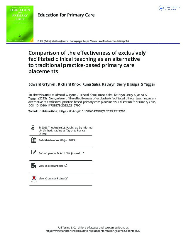 Comparison of the effectiveness of exclusively facilitated clinical teaching as an alternative to traditional practice-based primary care placements Thumbnail