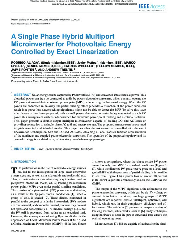 A Single Phase Hybrid Multiport Microinverter for Photovoltaic Energy Controlled by Exact Linearization Thumbnail