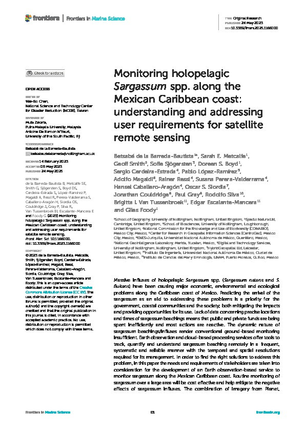 Monitoring holopelagic Sargassum spp. along the Mexican Caribbean coast: understanding and addressing user requirements for satellite remote sensing Thumbnail