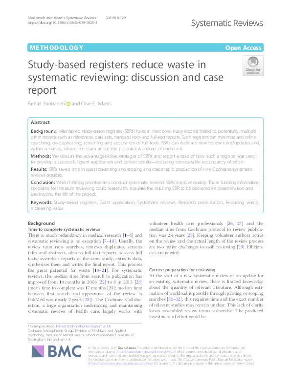 Study-based registers reduce waste in systematic reviewing: discussion and case report Thumbnail