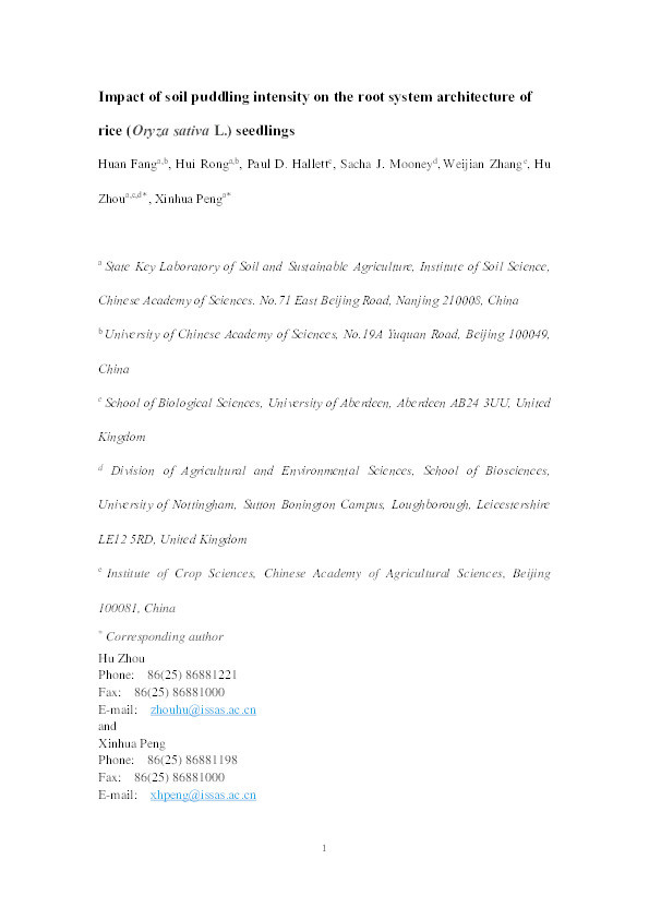 Impact of soil puddling intensity on the root system architecture of rice (Oryza sativa L.) seedlings Thumbnail