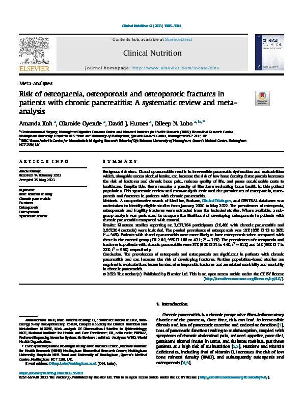 Risk of osteopaenia, osteoporosis and osteoporotic fractures in patients with chronic pancreatitis: A systematic review and meta-analysis Thumbnail