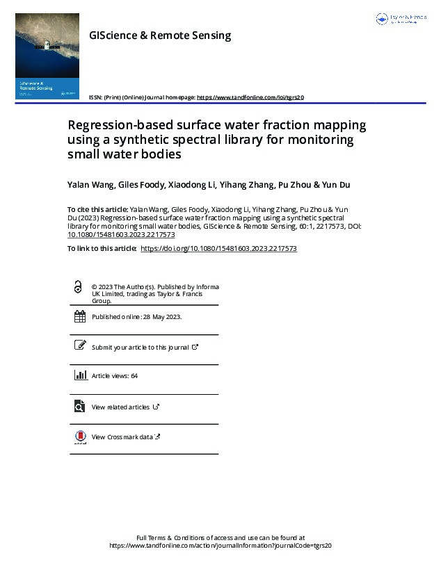 Regression-based surface water fraction mapping using a synthetic spectral library for monitoring small water bodies Thumbnail