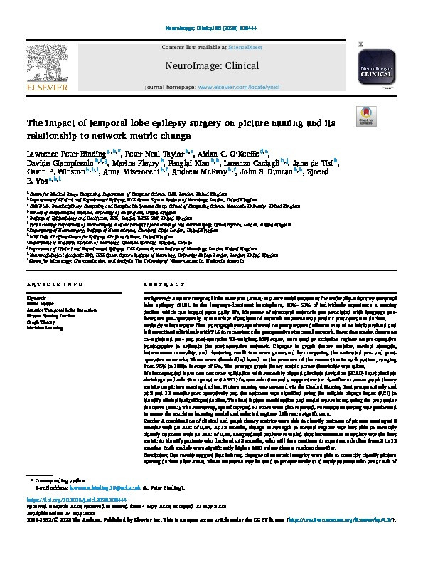 The impact of temporal lobe epilepsy surgery on picture naming and its relationship to network metric change. Thumbnail