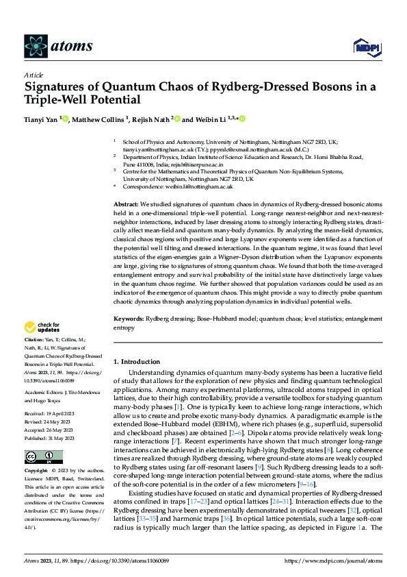 Signatures of Quantum Chaos of Rydberg-Dressed Bosons in a Triple-Well Potential Thumbnail