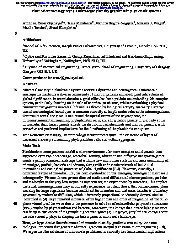 Microrheology reveals microscale viscosity gradients in planktonic systems Thumbnail