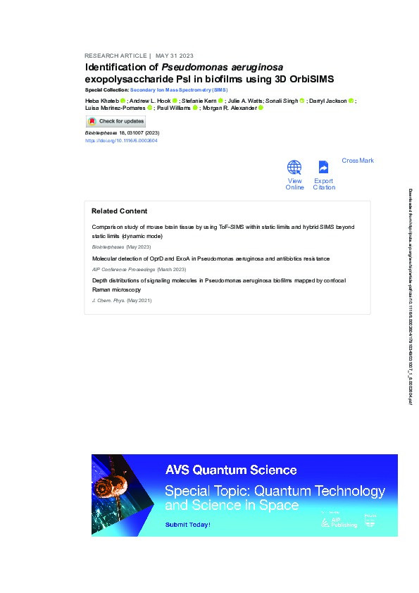 Identification of Pseudomonas aeruginosa exopolysaccharide Psl in biofilms using 3D OrbiSIMS Thumbnail