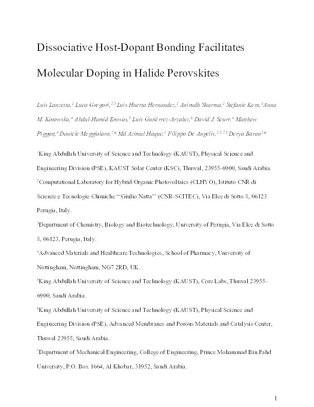 Dissociative Host-Dopant Bonding Facilitates Molecular Doping in Halide Perovskites Thumbnail