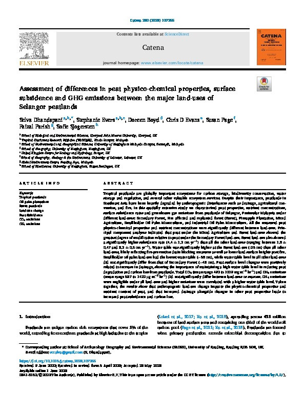 Assessment of differences in peat physico-chemical properties, surface subsidence and GHG emissions between the major land-uses of Selangor peatlands Thumbnail