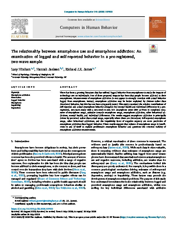 The relationship between smartphone use and smartphone addiction: An examination of logged and self-reported behavior in a pre-registered, two-wave sample Thumbnail