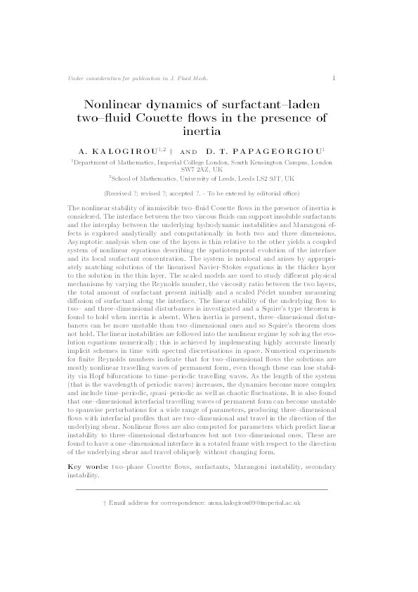 Nonlinear dynamics of surfactant-laden two-fluid Couette flows in the presence of inertia Thumbnail