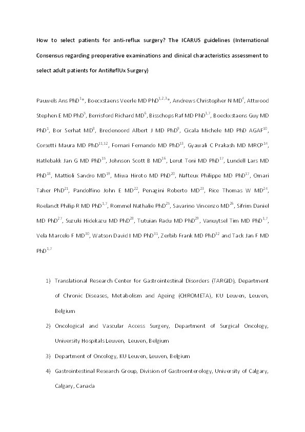How to select patients for anti-reflux surgery? The ICARUS guidelines (International Consensus regarding preoperative examinations and clinical characteristics assessment to select adult patients for AntiReflUx Surgery) Thumbnail