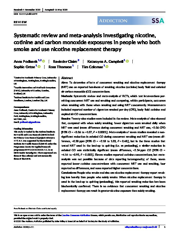 Systematic review and meta-analysis investigating nicotine, cotinine and carbon monoxide exposures in people who both smoke and use nicotine replacement therapy Thumbnail