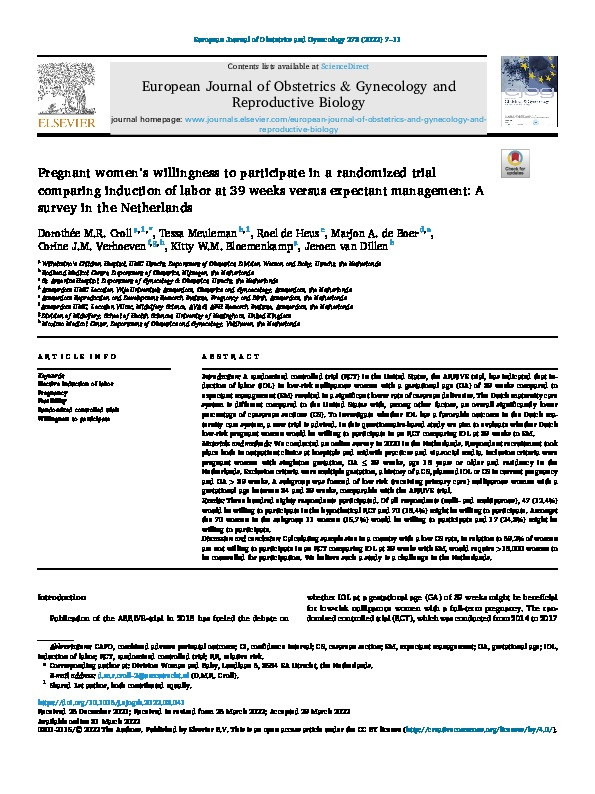 Pregnant women's willingness to participate in a randomized trial comparing induction of labor at 39 weeks versus expectant management: A survey in the Netherlands Thumbnail