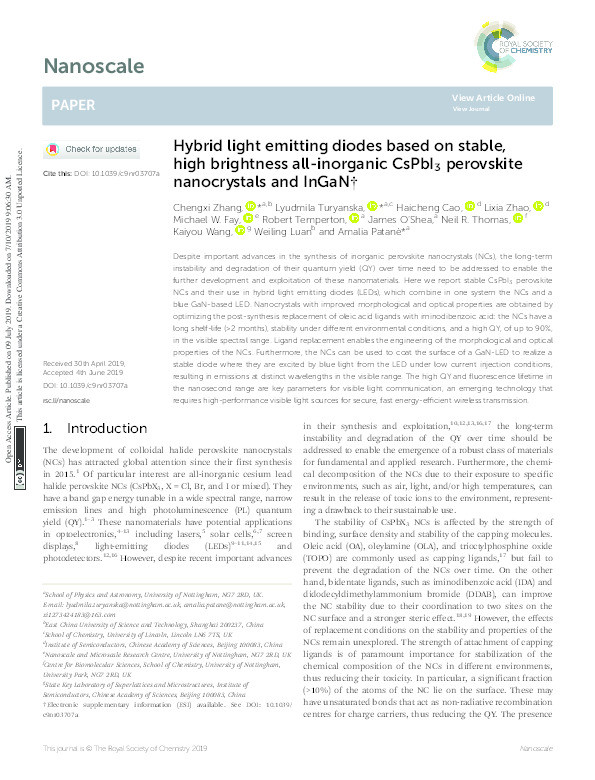 Hybrid light emitting diodes based on stable, high brightness all-inorganic CsPbI 3 perovskite nanocrystals and InGaN Thumbnail