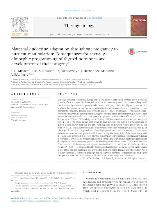 Maternal endocrine adaptation throughout pregnancy to nutrient manipulation: Consequences for sexually dimorphic programming of thyroid hormones and development of their progeny Thumbnail