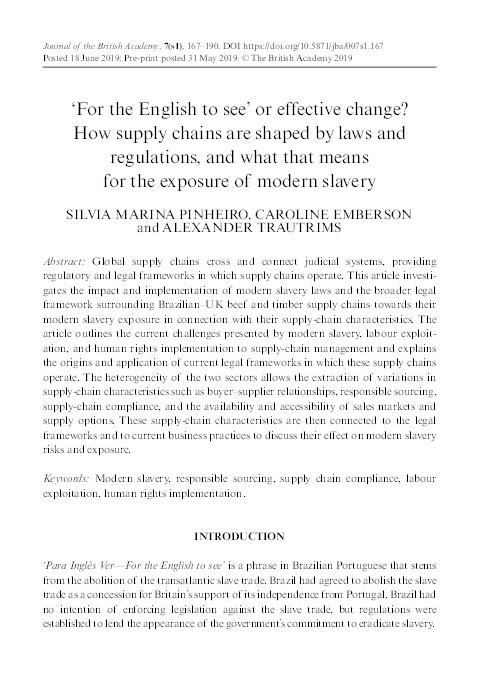 'For the English to see' or effective change? How supply chains are shaped by laws and regulations and what that means for the exposure of modern slavery Thumbnail