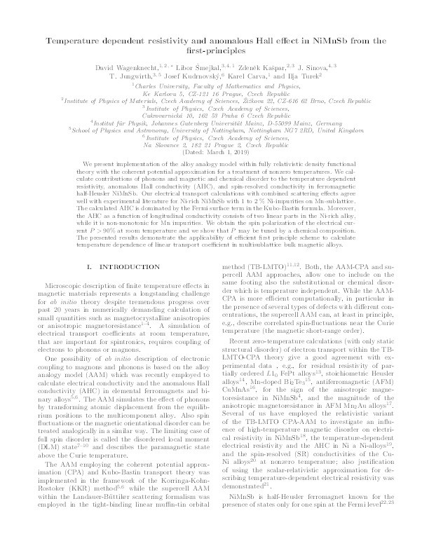 Temperature-dependent resistivity and anomalous Hall effect in NiMnSb from first principles Thumbnail