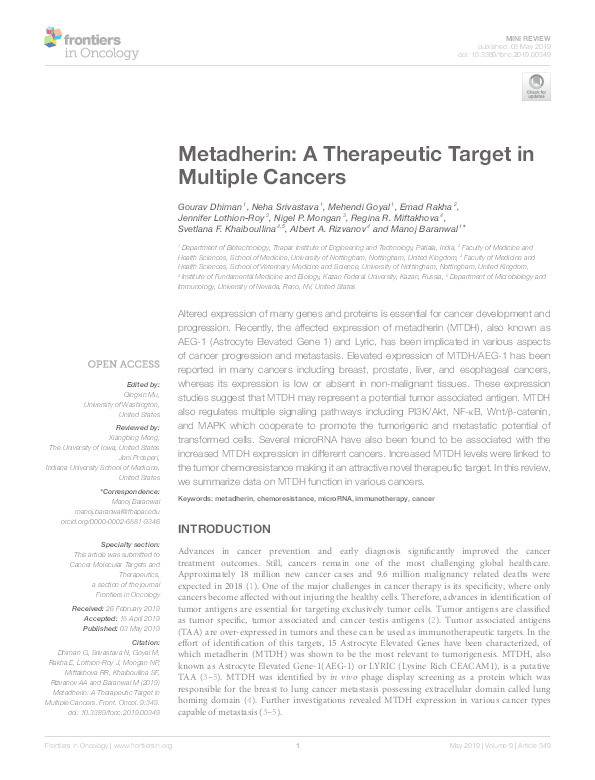 Metadherin: A Therapeutic Target in Multiple Cancers Thumbnail