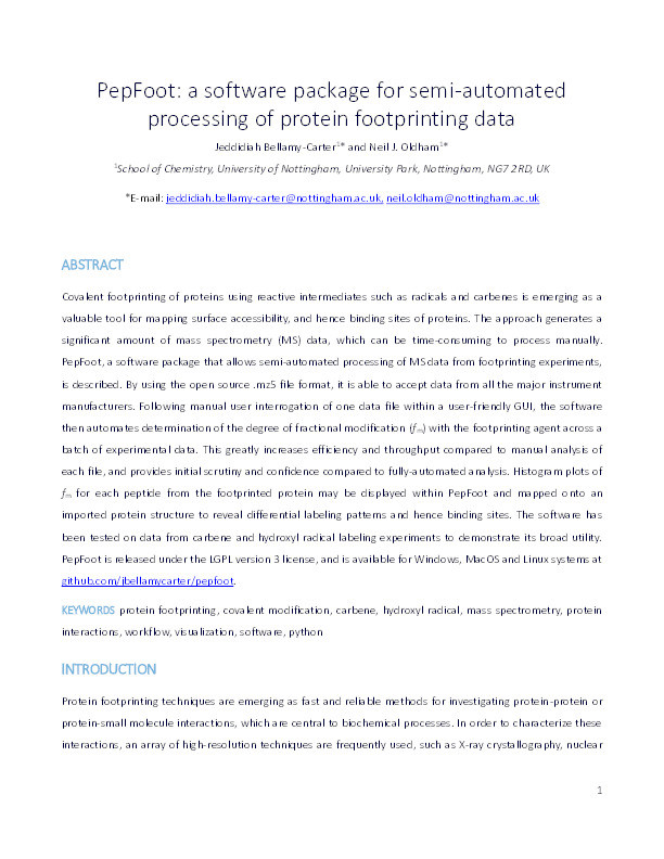 PepFoot: a software package for semiautomated processing of protein footprinting data Thumbnail
