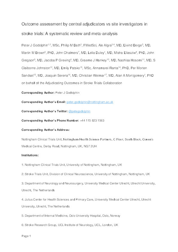 Outcome Assessment by Central Adjudicators Versus Site Investigators in Stroke Trials: A Systematic Review and Meta-Analysis Thumbnail