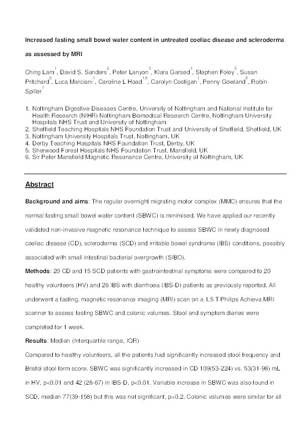 Increased fasting small bowel water content in untreated coeliac disease and scleroderma as assessed by MRI Thumbnail