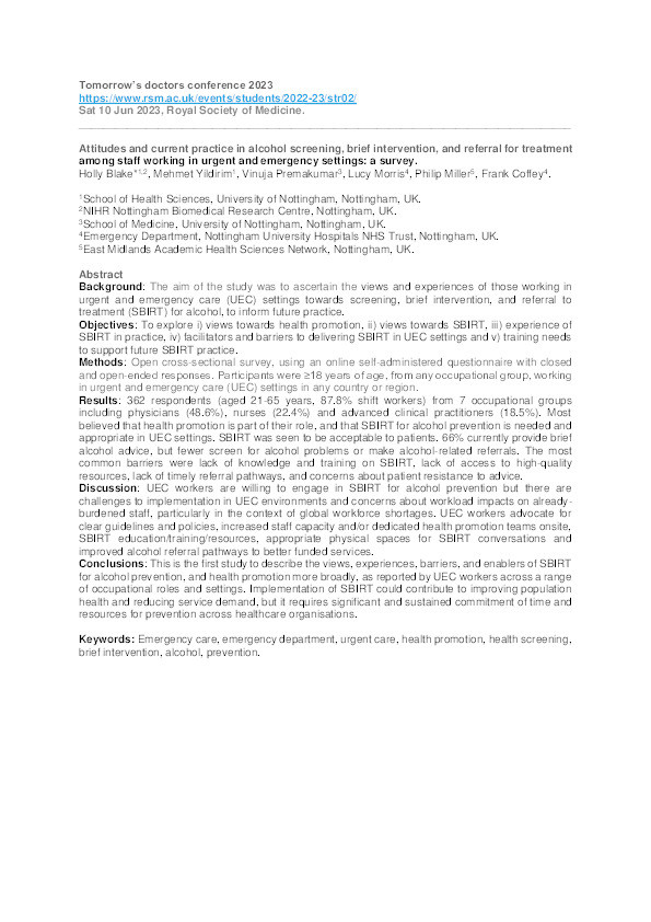 Attitudes and current practice in alcohol screening, brief intervention, and referral for treatment among staff working in urgent and emergency settings: a survey Thumbnail