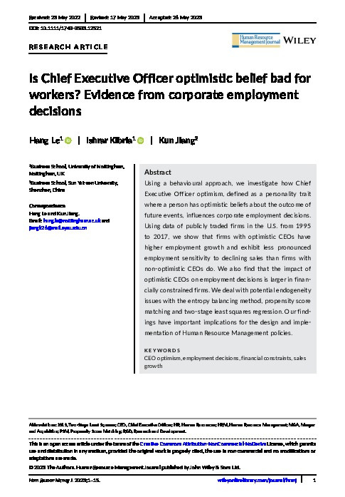 Is Chief Executive Officer optimistic belief bad for workers? Evidence from corporate employment decisions Thumbnail