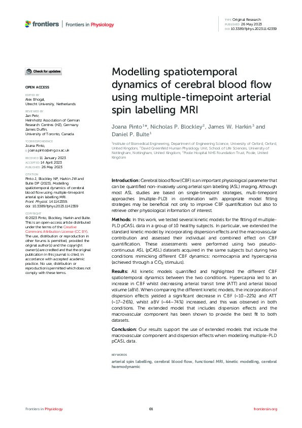 Modelling spatiotemporal dynamics of cerebral blood flow using multiple-timepoint arterial spin labelling MRI Thumbnail