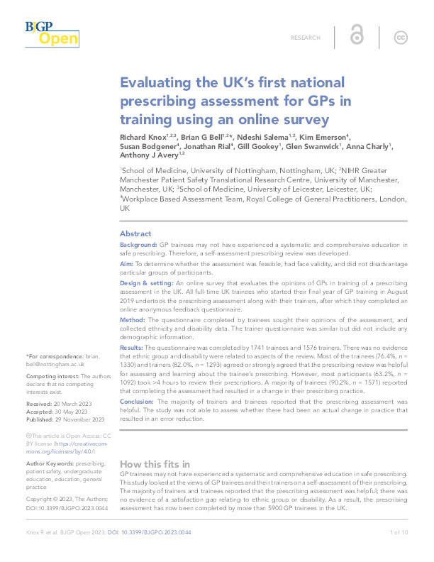 Evaluating the UK's first national prescribing assessment for GPs in training using an online survey Thumbnail