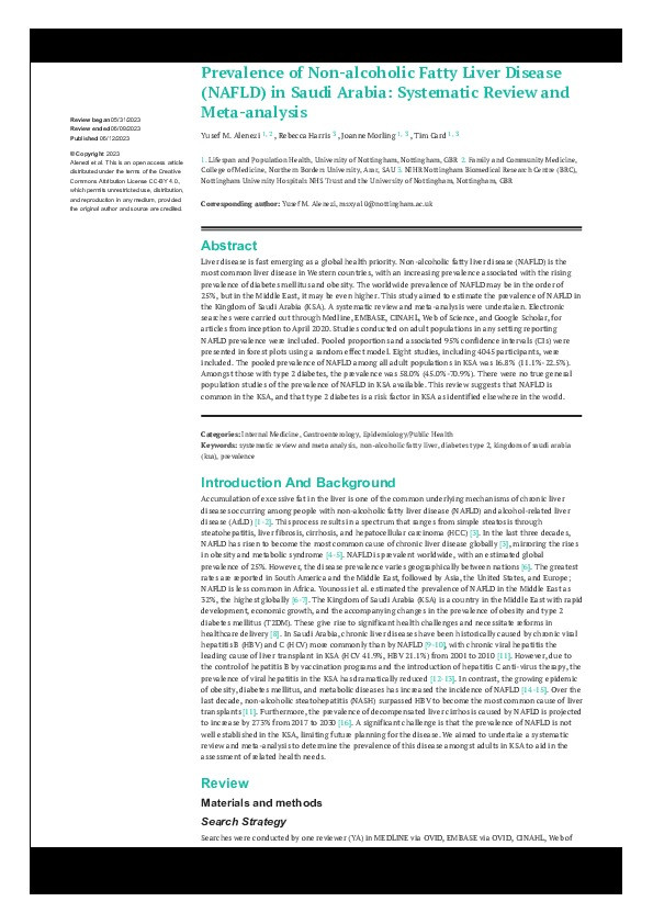 Prevalence of Non-alcoholic Fatty Liver Disease (NAFLD) in Saudi Arabia: Systematic Review and Meta-analysis Thumbnail