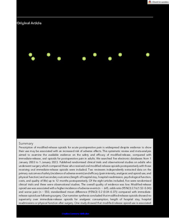 Risks and benefits of oral modified-release compared with oral immediate-release opioid use after surgery: a systematic review and meta-analysis Thumbnail