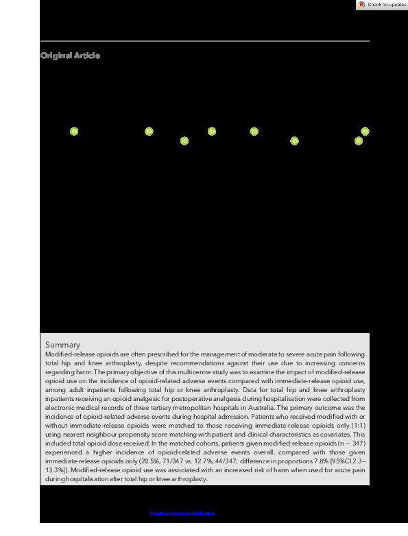 Impact of modified-release opioid use on clinical outcomes following total hip and knee arthroplasty: a propensity score-matched cohort study Thumbnail