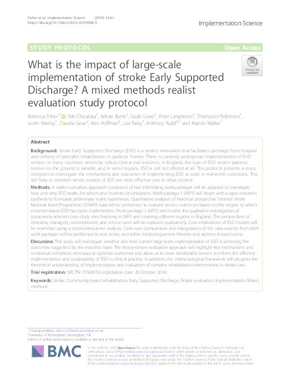 What is the impact of large-scale implementation of stroke Early Supported Discharge?: a mixed methods realist evaluation study protocol Thumbnail