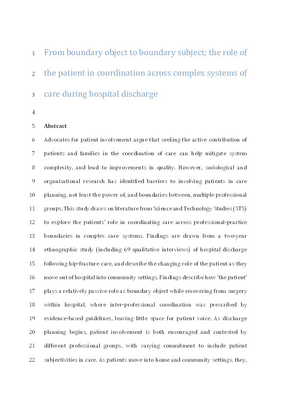 From boundary object to boundary subject; the role of the patient in coordination across complex systems of care during hospital discharge Thumbnail