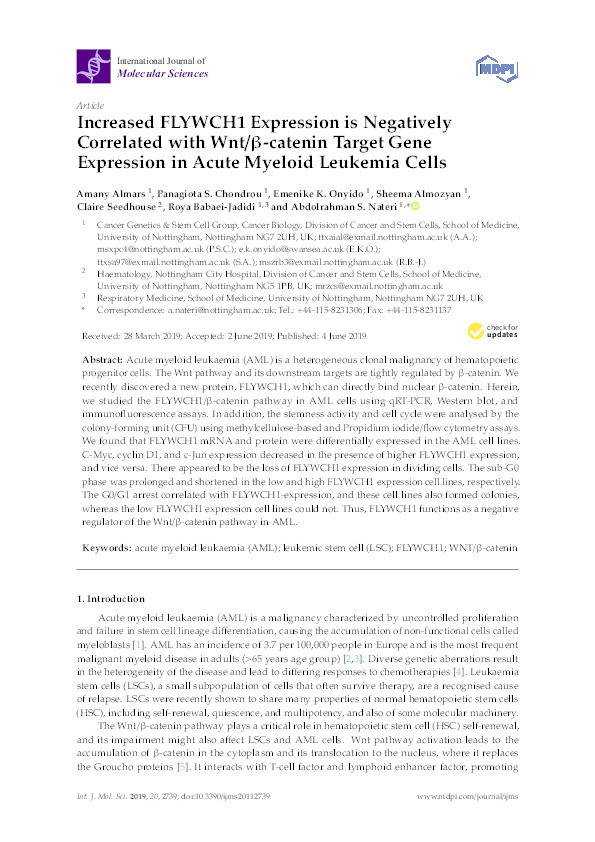 Increased FLYWCH1 Expression is Negatively Correlated with Wnt/β-catenin Target Gene Expression in Acute Myeloid Leukemia Cells Thumbnail