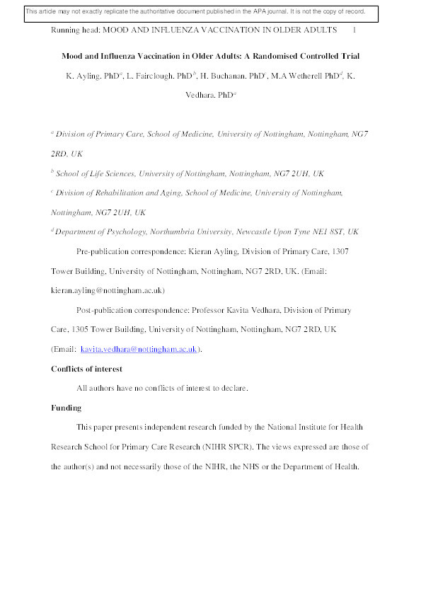 Mood and influenza vaccination in older adults: A randomized controlled trial. Thumbnail