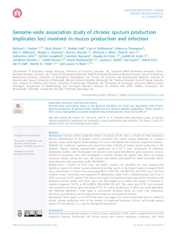 Genome-wide association study of chronic sputum production implicates loci involved in mucus production and infection Thumbnail