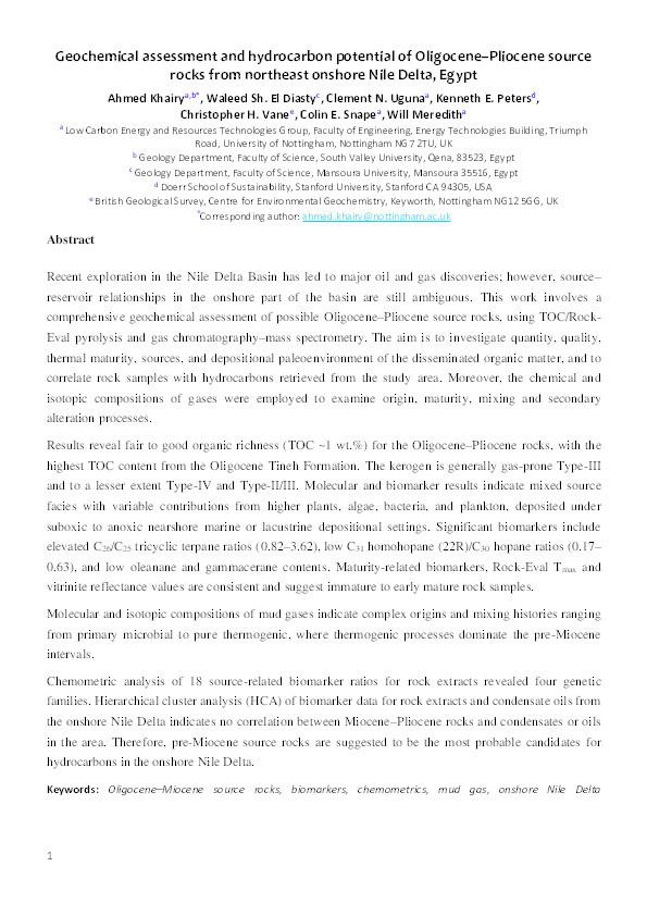 Geochemical assessment and hydrocarbon potential of Oligocene–Pliocene source rocks from northeast onshore Nile Delta, Egypt Thumbnail