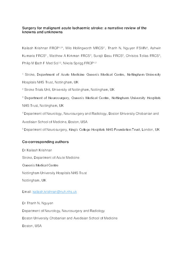 Surgery for Malignant Acute Ischemic Stroke: A Narrative Review of the Knowns and Unknowns Thumbnail