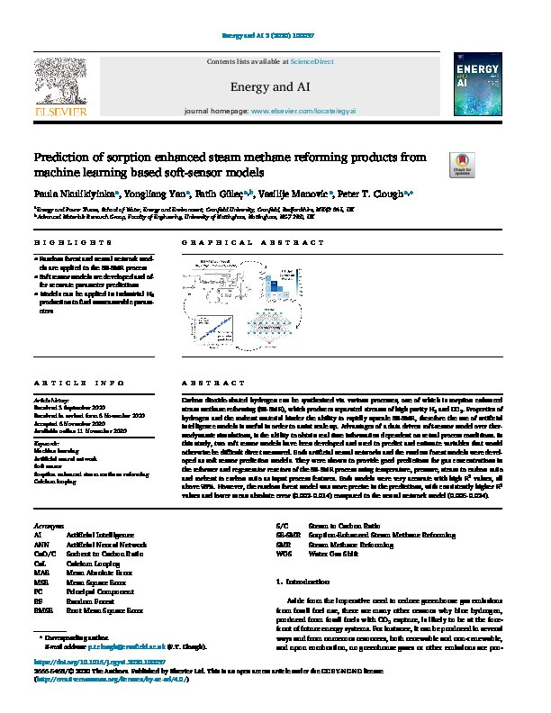 Prediction of sorption enhanced steam methane reforming products from machine learning based soft-sensor models Thumbnail