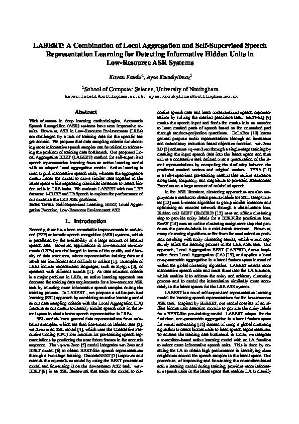 LABERT: A Combination of Local Aggregation and Self-Supervised Speech Representation Learning for Detecting Informative Hidden Units in Low-Resource ASR Systems Thumbnail