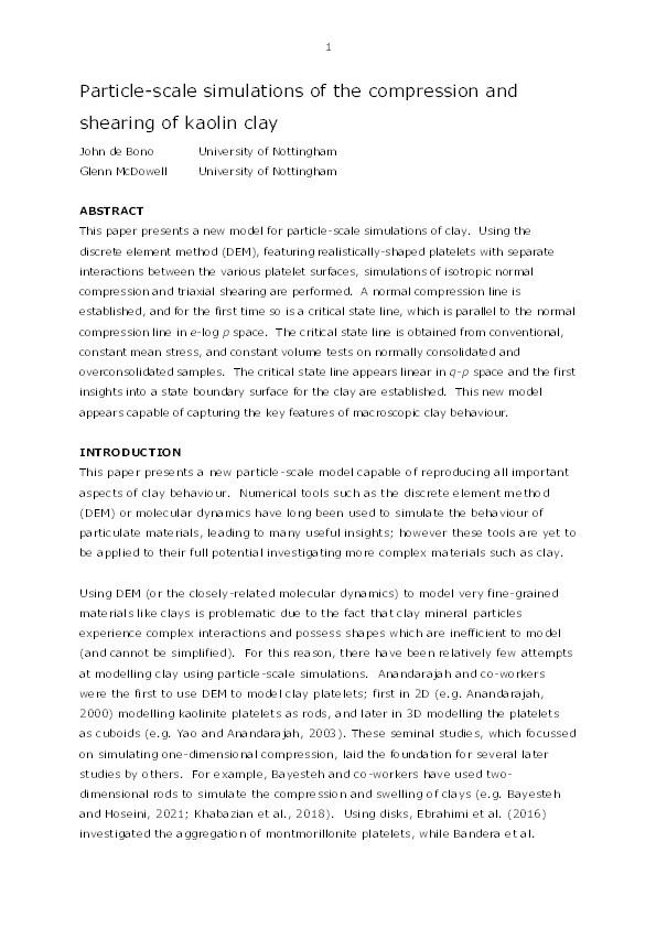 Particle-scale simulations of the compression and shearing of kaolin clay Thumbnail