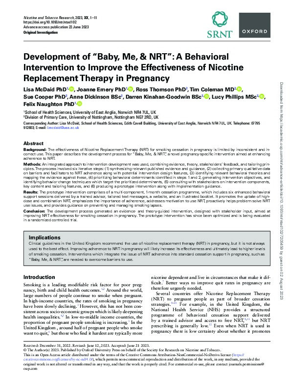 Development of “Baby, Me, & NRT”: A Behavioral Intervention to Improve the Effectiveness of Nicotine Replacement Therapy in Pregnancy Thumbnail