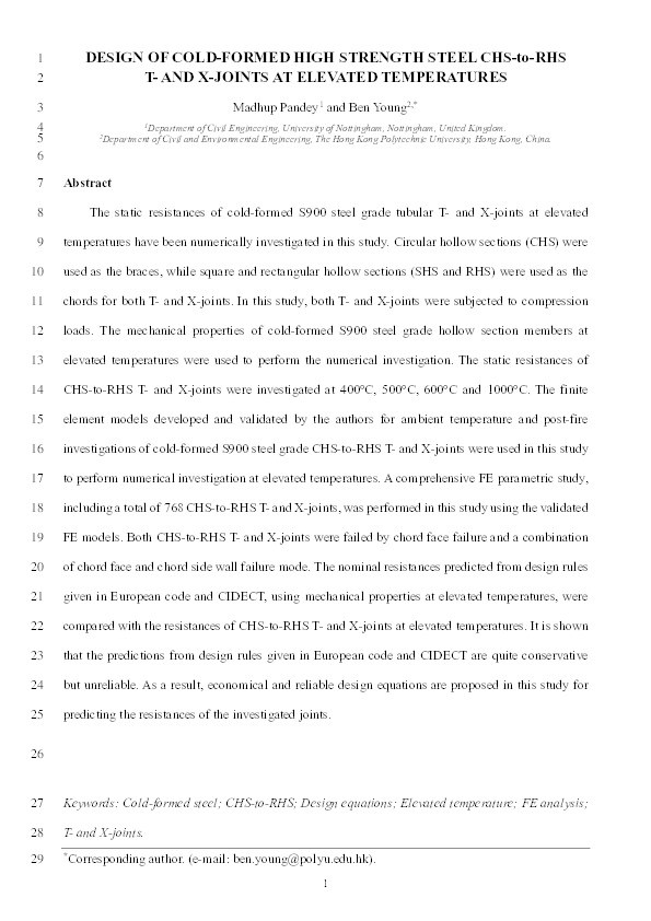 Design of cold-formed high strength steel CHS-to-RHS T- and X-joints at elevated temperatures Thumbnail
