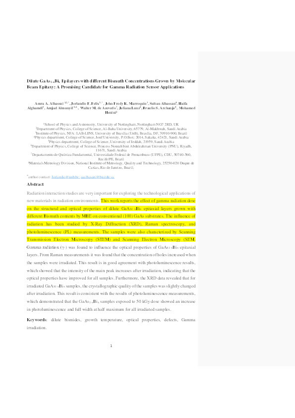 Dilute GaAs1−xBix epilayers with different bismuth concentrations grown by Molecular Beam Epitaxy: A promising candidate for gamma radiation sensor applications Thumbnail